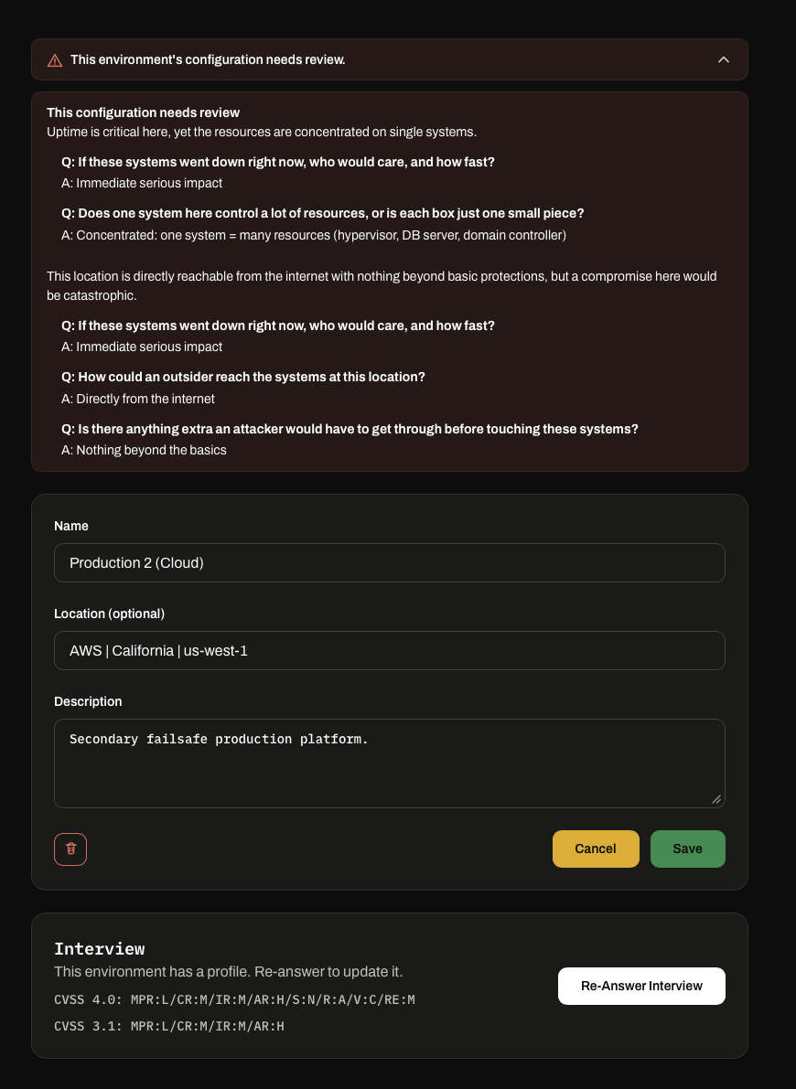 localscore flagging an environment's configuration for review, showing the interview answers that triggered the warning: critical uptime with concentrated resources, and direct internet reachability with only basic protections