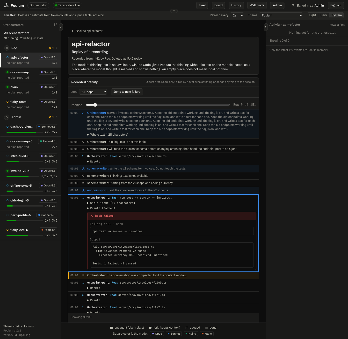 The Podium replay page for api-refactor, with a loop filter, a Jump to next failure button and a position slider at row 9 of 151. A failed Bash call, npm test for the server's invoices, is outlined and expanded to show the command and its output, where one test failed because the expected currency USD was undefined. Rows above it show the orchestrator's prompt, its plan and a subagent's first steps.